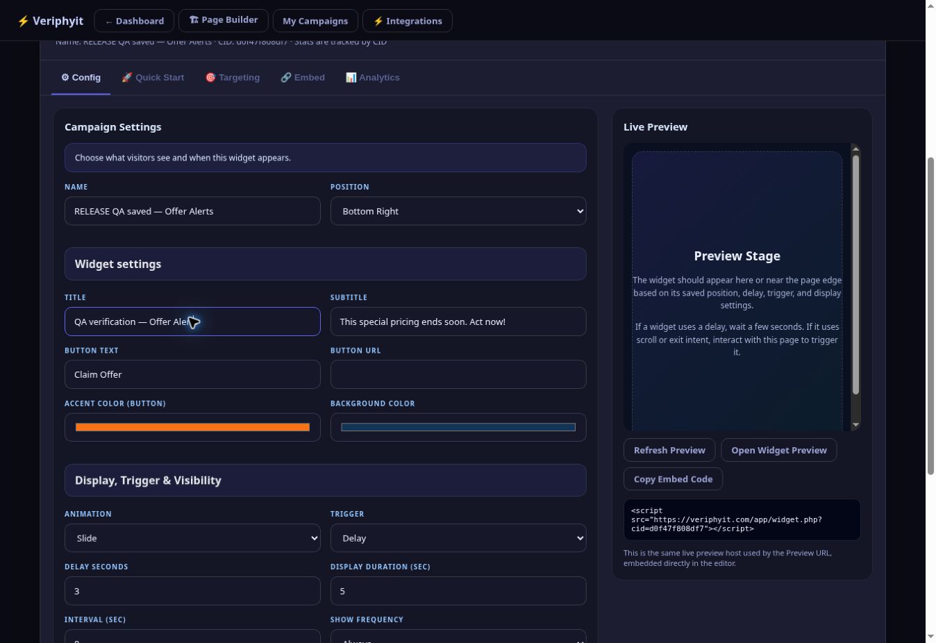 Actual Veriphyit campaign editor with title, subtitle, colors, position and preview controls